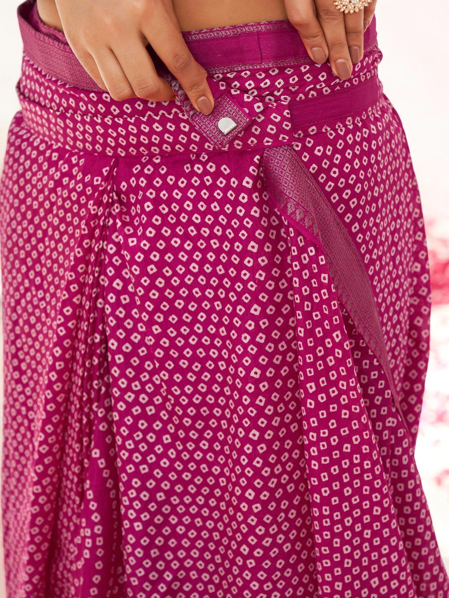 Ready to wear pink colored bandhni printed cotton blend saree